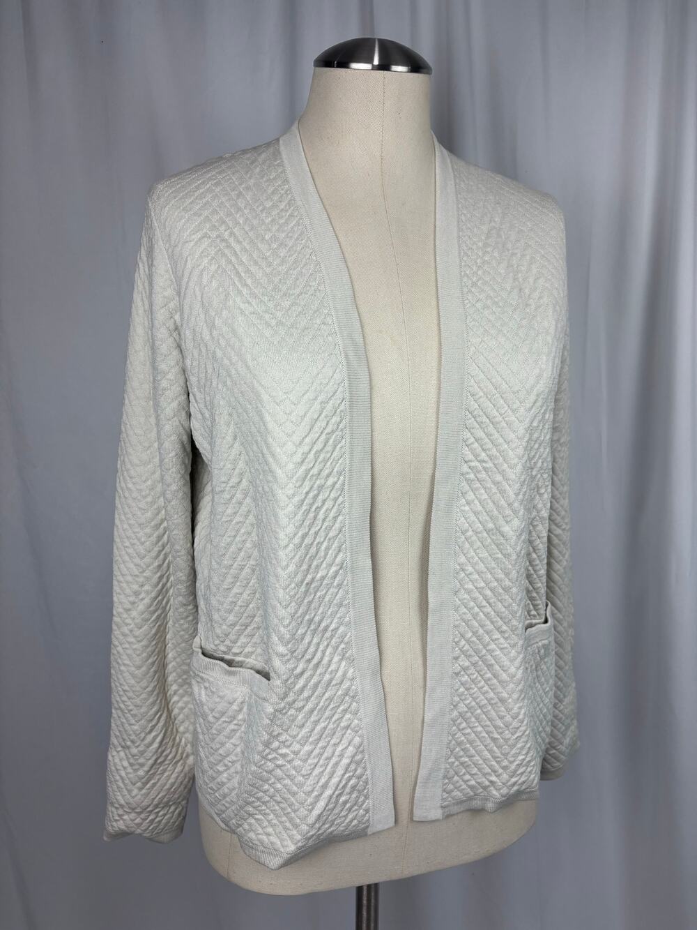 Eileen Fisher Quilted Knit Open Front Cardigan Jacket PS Bone Ivory Cotton Silk
